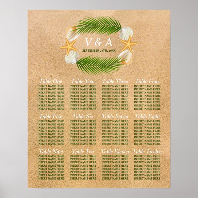 Tropical Wreath Sandy Beach Wedding Seating Chart (Front)