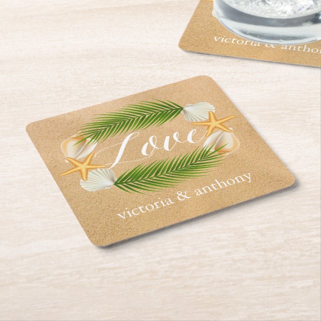 Tropical Wreath Sandy Beach Wedding Square Paper Coaster (Angled)