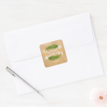 Tropical Wreath Sandy Beach Wedding Square Sticker by StampedyStamp at Zazzle