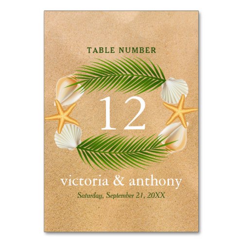 Tropical Wreath Sandy Beach Wedding Table Number