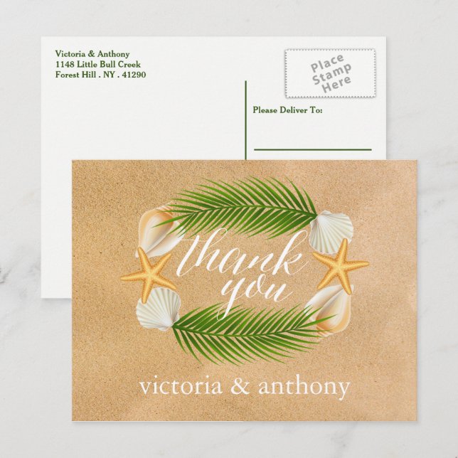 Tropical Wreath Sandy Beach Wedding Thank You Postcard (Front/Back)