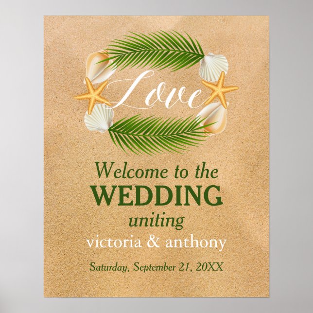 Tropical Wreath Sandy Beach Wedding Welcome Poster (Front)