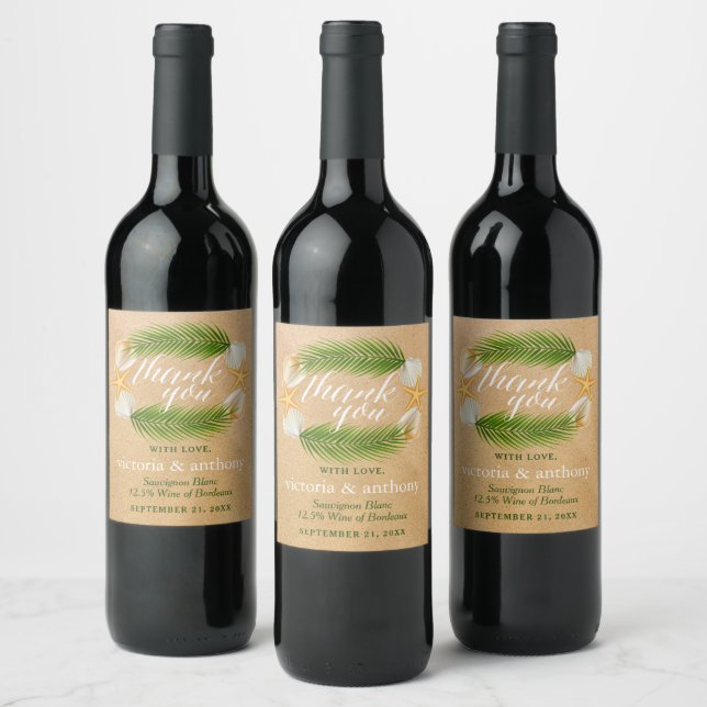 Tropical Wreath Sandy Beach Wedding Wine Label (Bottles)