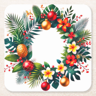 tropical Xmas wreath Square Paper Coaster