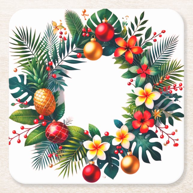 tropical Xmas wreath Square Paper Coaster (Front)