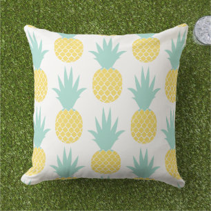 Tropical Yellow and Mint Pineapple Pattern Outdoor Pillow