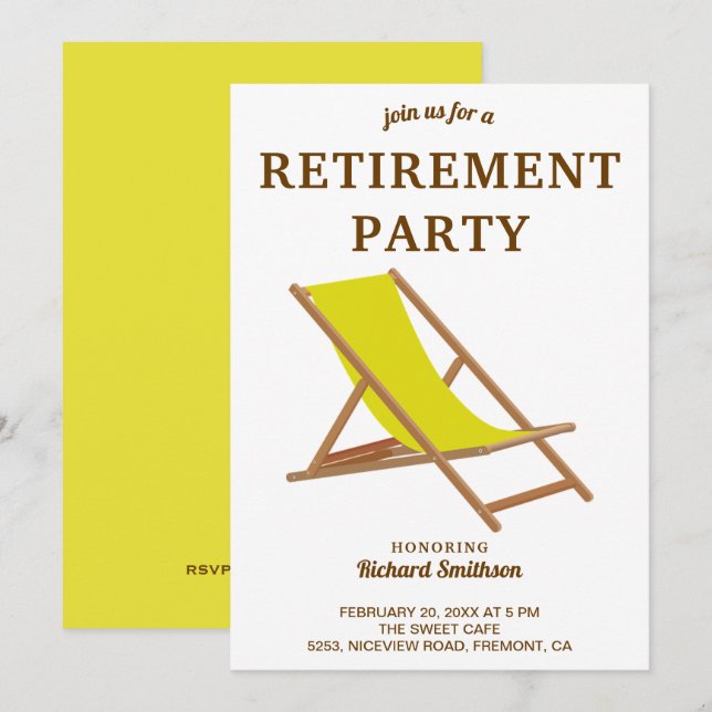 Tropical Yellow Beach Chair Retirement Party Invitation (Front/Back)