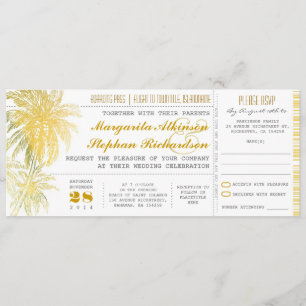 Tropical yellow beach wedding ticket-boarding pass invitation