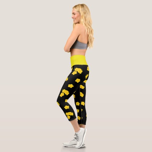 Tropical Yellow Black Floral Hibiscus Flowers Capri Leggings