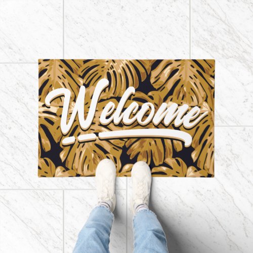 Tropical Yellow Black Jungle Leaves Welcome  Doormat