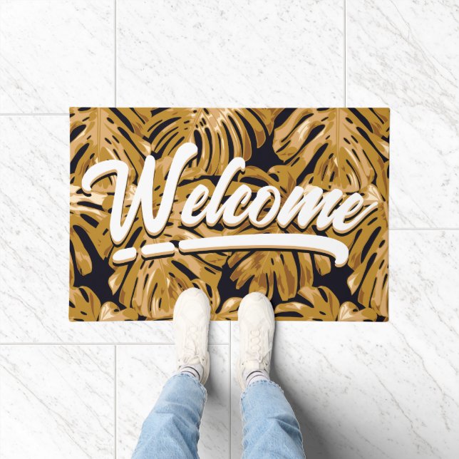 Tropical Yellow Black Jungle Leaves Welcome  Doormat (Indoor)