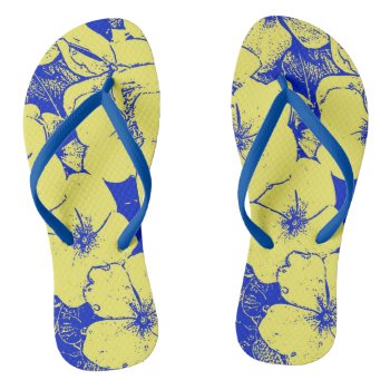Tropical Yellow Blue Flower Print Flip Flops by PattiJAdkins at Zazzle