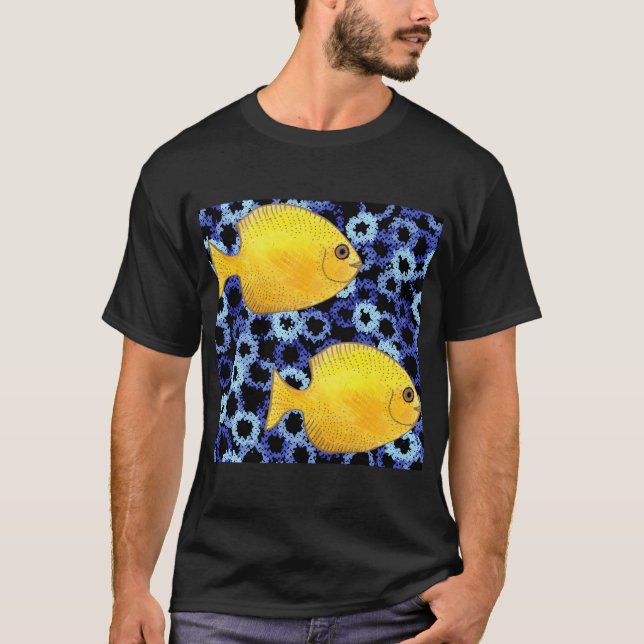 Tropical Yellow Fish Indigo Coral Reef Pattern T-Shirt (Front)