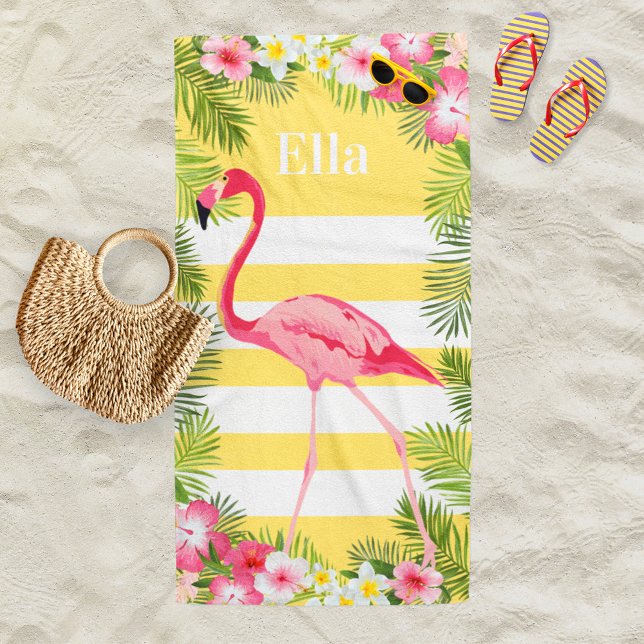 Tropical Yellow Flamingo Stripe Monogram Beach Towel (Creator Uploaded)