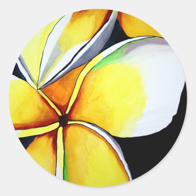 Tropical Yellow Frangipani flower original art Classic Round Sticker (Front)