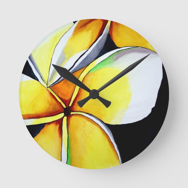 Tropical Yellow Frangipani flower original art Round Clock (Front)