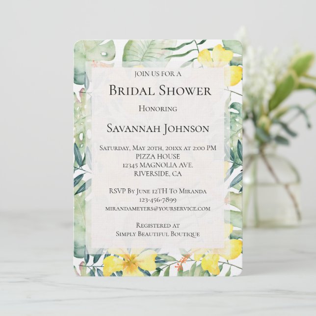 Tropical Yellow Hibiscus Floral Bridal Shower Invitation (Standing Front)