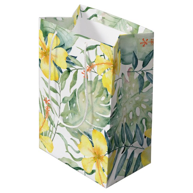 Tropical Yellow Hibiscus Floral Bridal Shower Medium Gift Bag (Back Angled)