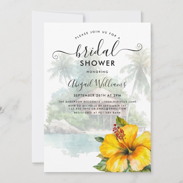 Tropical Yellow Hibiscus Flower Bridal Shower Invitation (Front)