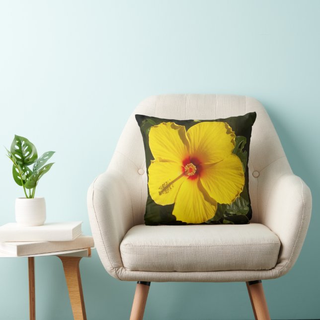 Tropical Yellow Hibiscus Flower Nature Photo Throw Pillow (Chair)