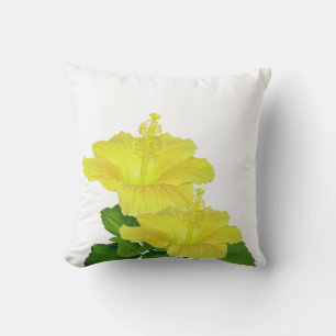 Tropical Yellow Hibiscus on a White Square Outdoor Pillow