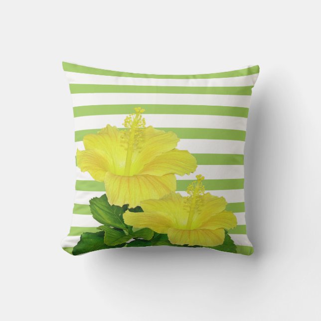 Tropical Yellow Hibiscus on Green Stripes  Outdoor Pillow (Front)