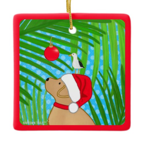 Tropical Yellow Lab Santa Dog Christmas Ornament