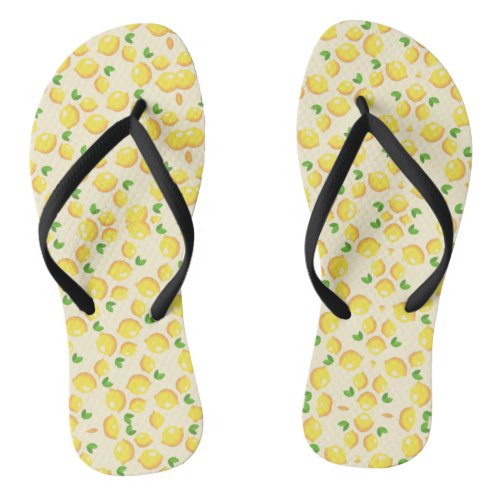 tropical yellow Lemon pattern on beige Flip Flops