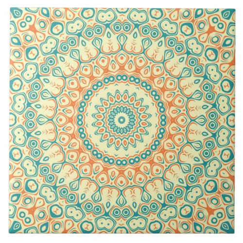 Tropical Yellow Orange Turquoise Mandala Design Ceramic Tile