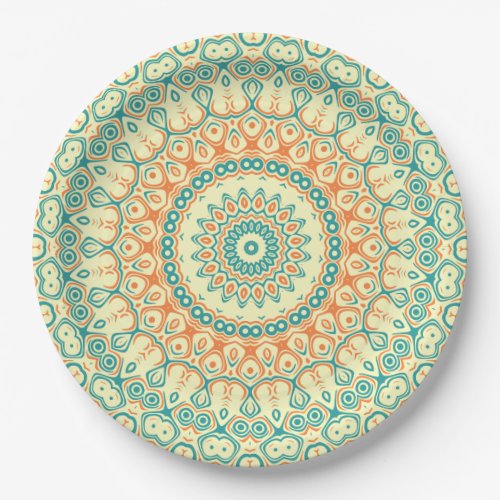 Tropical Yellow Orange Turquoise Mandala Design Paper Plates