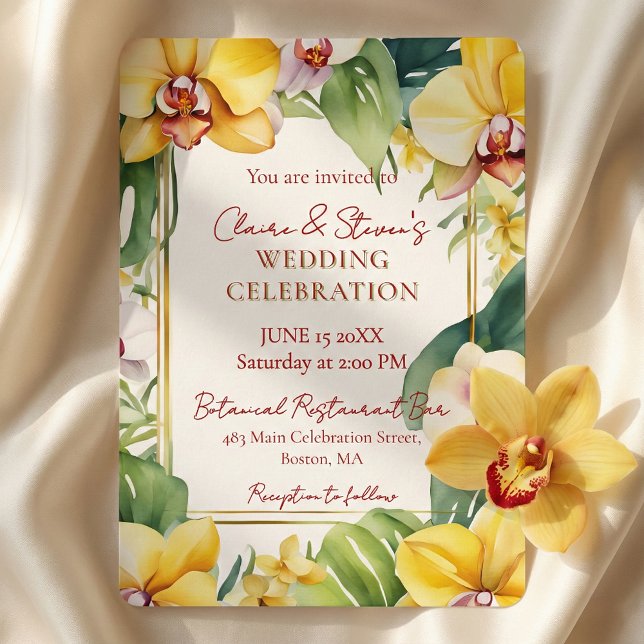 Tropical Yellow Orchid and Greenery Gold Wedding Invitation (Creator Uploaded)