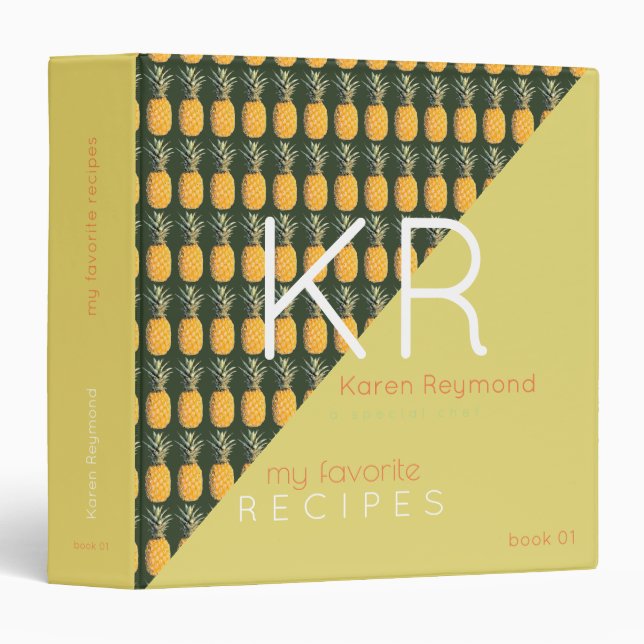 tropical yellow pineapple pattern recipe book chef 3 ring binder (Front/Spine)