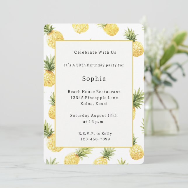 Tropical Yellow Pineapples Birthday Invitation (Standing Front)
