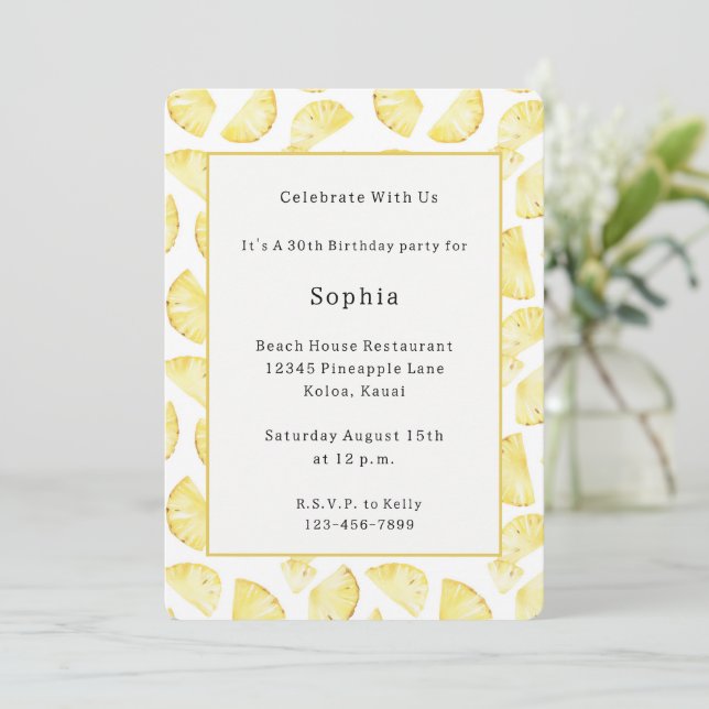 Tropical Yellow Pineapples Birthday Invitation (Standing Front)