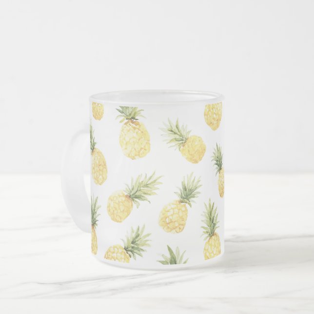 Tropical Yellow Pineapples Frosted Glass Coffee Mug (Front Left)