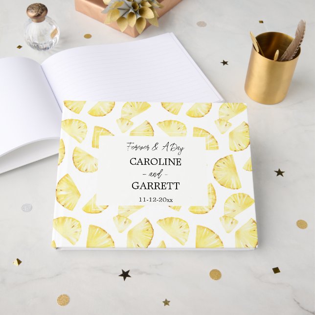 Tropical Yellow Pineapples Wedding Guest Book (Front Open)