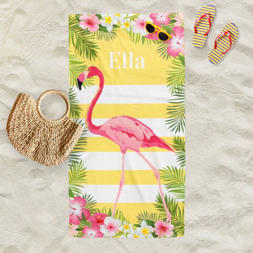 Tropical Yellow Pink Flamingo Floral Custom Name Beach Towel
