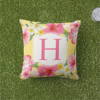 Tropical Yellow Pink Flowers Custom Monogram Throw Pillow by plushpillows at Zazzle
