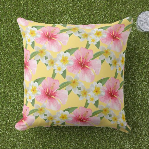 Tropical Yellow Pink Hibiscus Flowers Pattern Outdoor Pillow