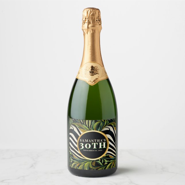 Tropical Zebra Green Gold 30th Celebration Sparkling Wine Label (Front)