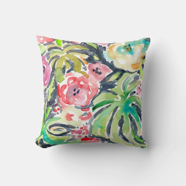 Tropicalia Watercolor Floral Throw Pillow (Front)