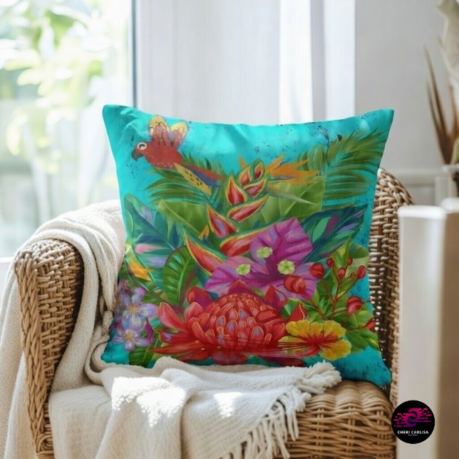 TropiColor Fusion Macaw & Floral Serenade Art Throw Pillow (An accent piece that instantly changes the room)