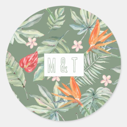  Tropics Flower Foliage Fantasy with Monogram Classic Round Sticker
