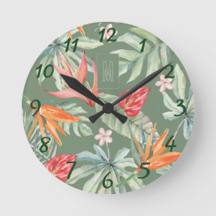 Tropics Flower Foliage Fantasy with Monogram Round Clock