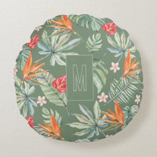 Tropics Flower Foliage Fantasy with Monogram Round Pillow