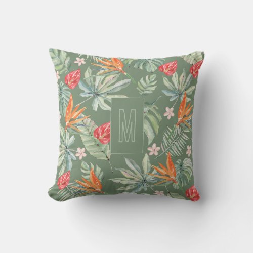 Tropics Flower Foliage Fantasy with Monogram Throw Pillow