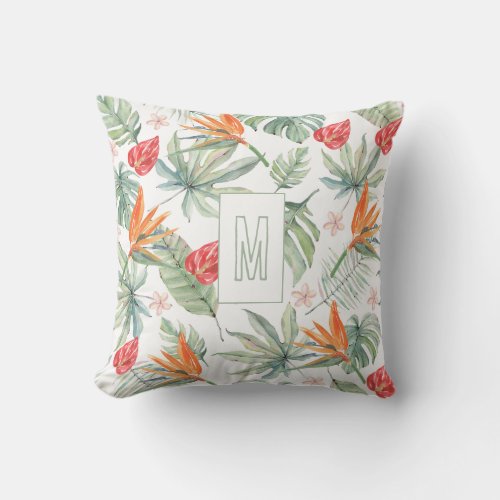 Tropics Flower Foliage Fantasy with Monogram Throw Pillow