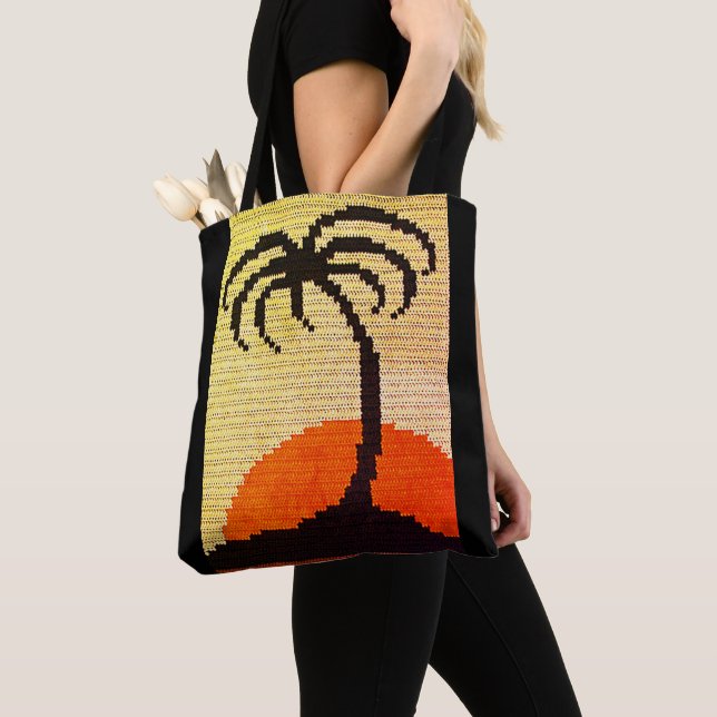 Tropics Palm Tree Profile Sunset Artisan Crochet  Tote Bag (Close Up)