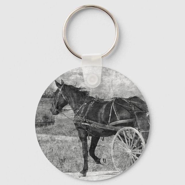 Trot Away Amish Horse in Black and White Keychain (Front)