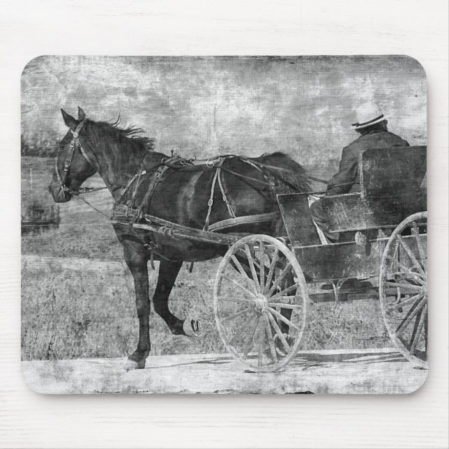 Trot Away Amish Horse in Black and White Mouse Pad (Front)